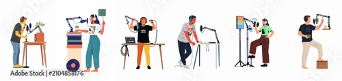 Obraz na płótnie Set of diverse people recording podcasts and voiceovers in their home studios using various professional equipment, microphones, and headphones in flat vector style