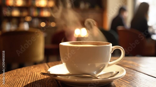 Steaming Hot Coffee Cup on Cafe Table with Blurred Background of Patrons Enjoying Drinks and Ambiance