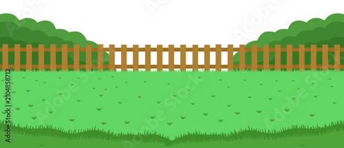 Green Grass Field Lawn Landscape Background with Wooden Fence and Bush Trees for Game Backdrop
