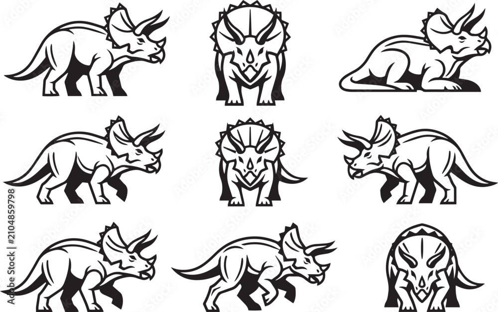 Fototapeta premium A set of triceratops. Hand drawn vector illustration