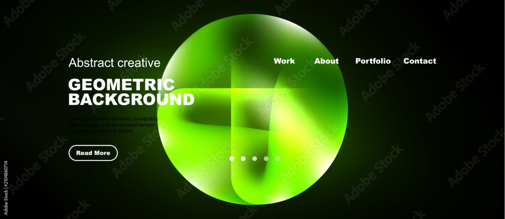 Naklejka premium Dark background features vibrant green, yellow shapes. Minimalist design with text elements, navigation options present. Modern aesthetic.