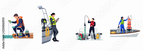 Canvas Print Set of flat vector illustrations depicting marine scientists and researchers conducting underwater studies, water sampling, and environmental monitoring from boats using specialized equipment