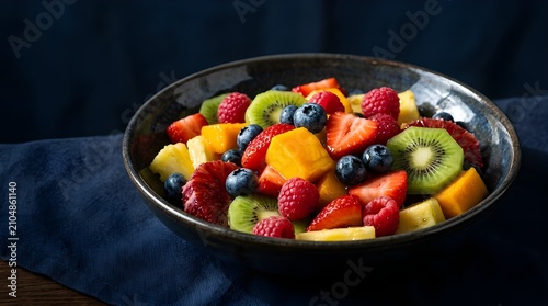 Fresh Mixed Fruit Salad Bowl with Berries, Kiwi, and Mango on Navy Blue Fabric Background