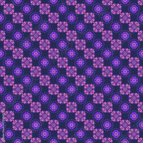 Modern Ikat diagonal lattice seamless pattern with geometric floral embroidery motif on dark blue background for textile fashion and home decor