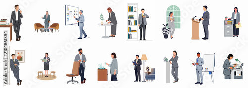 Diverse collection of flat vector illustrations featuring business professionals in various office scenarios such as meetings, presentations, and daily workplace activities.