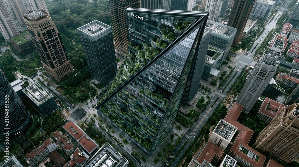 Obraz premium Modern Eco-Friendly Skyscraper Integrating Nature and Sustainable Urban Architecture from Above