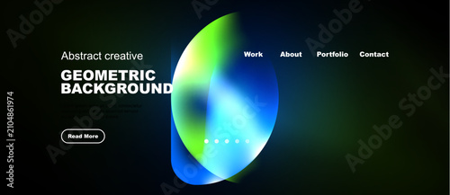 Dark website mockup. Vibrant fluid shapes, text elements, navigation menu present. Modern design, clean aesthetic.