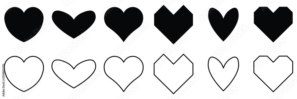 Obraz premium Diverse collection of black and outline heart shapes on transparent background