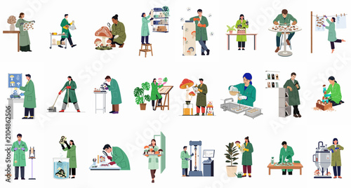 Fotografi Scientists and researchers conducting experiments with mushrooms and fungi in a laboratory setting to develop sustainable bio-materials and biotechnological innovations