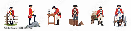 Cuadro en lienzo Flat vector illustrations of 18th-century British redcoat soldiers in various poses, including guards, officers, and logistical duties on a white background