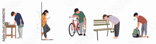 Photos Set of flat illustrations depicting exhausted people suffering from burnout, stress, and fatigue in various daily situations including studying and commuting