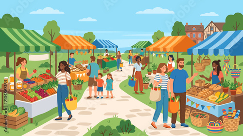 People shopping at a vibrant outdoor farmers market with fresh produce and colorful stalls.