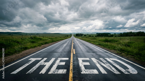 The end written on wet asphalt road stretching into horizon with displays words end end painted destination perspective conclusion atmosphere