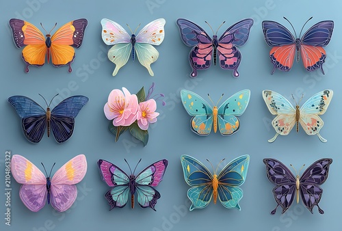 Collection of twelve intricately designed butterflies in various vibrant colors and patterns