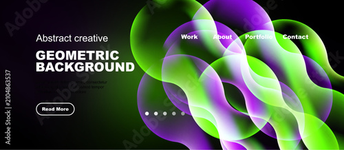 Abstract geometric background features vibrant purple, green hues. Navigation...