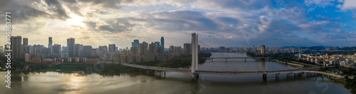 Aerial View of Hesheng Bridge and Huizhou Bridge in Huizhou City at Sunrise, Guangdong Province, China