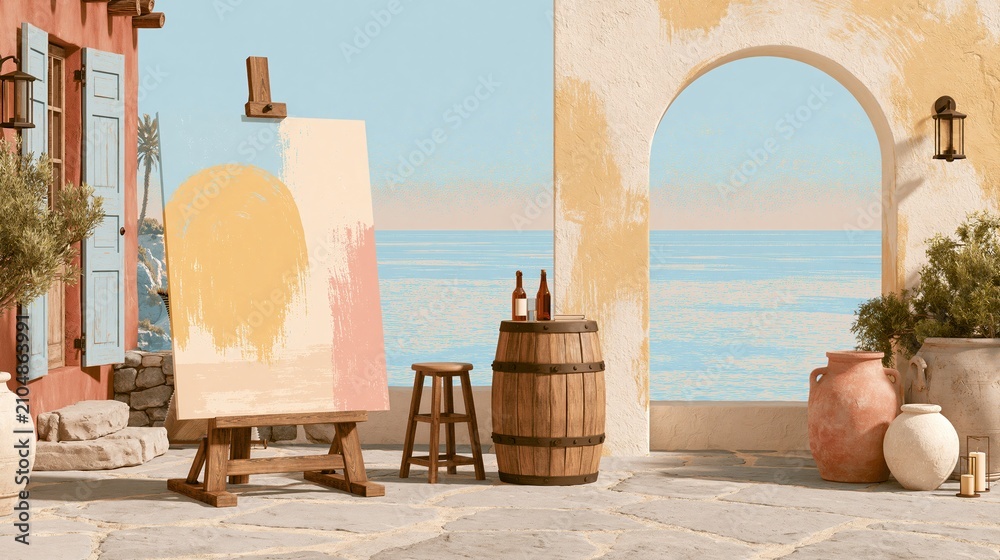 Obraz premium Artistic Mediterranean Terrace Scene with Easel, Painting, Barrel, and Sea View