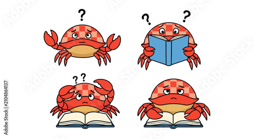 Confused Cartoon Crab with Question Marks and Books, Thinking, Studying, Illustration