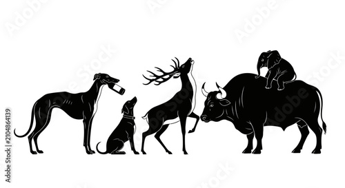 Diverse Animal Silhouettes: Dogs, Deer, Bison, Bear - Wildlife Collection