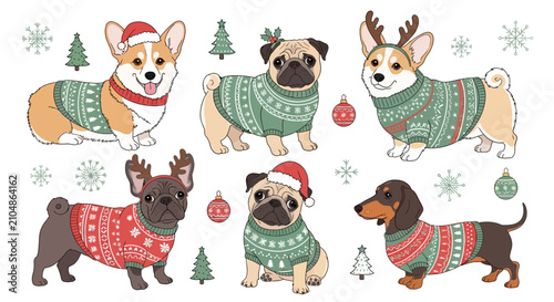 Cute Dogs in Christmas Sweaters and Santa Hats - Festive Winter Animals