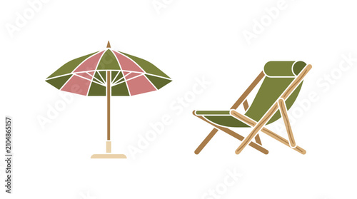 Beach umbrella and folding chair represent a classic set of outdoor furniture for summer relaxation on a sandy shore.