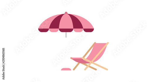 Beach umbrella and folding chair sit against a clean white background to represent summer vacation.