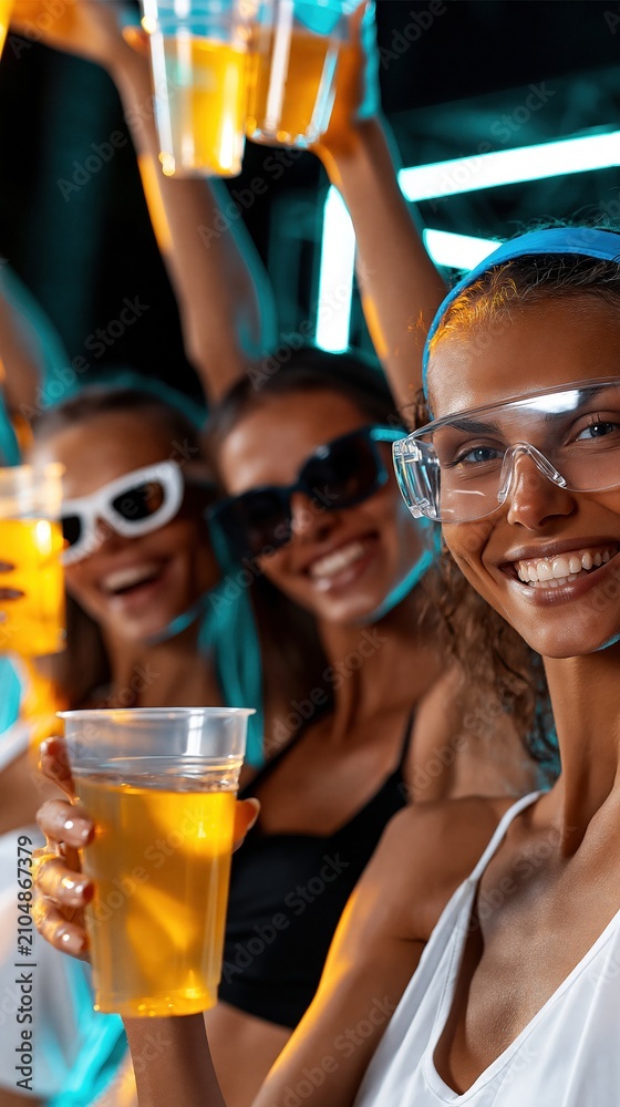 Obraz premium Group of diverse smiling women enjoying drinks and celebrating at a lively nightlife event, close-up portrait