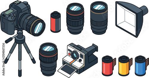 Fotografie Vector collection of isometric professional photography gear featuring digital D