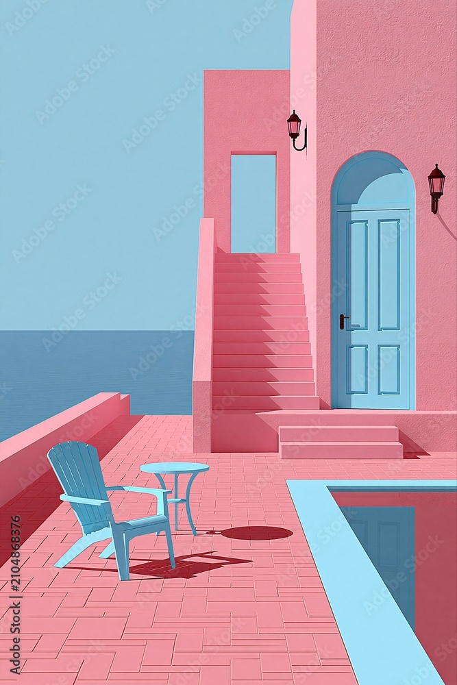 Obraz premium Serene Pink and Blue Coastal Terrace with Adirondack Chair and Table Overlooking Ocean
