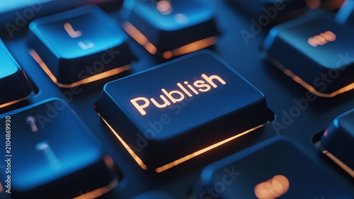 Close up of glowing publish button on computer keyboard for content creation social media marketing