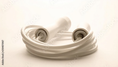 Coiled white jump rope for fitness and exercise.