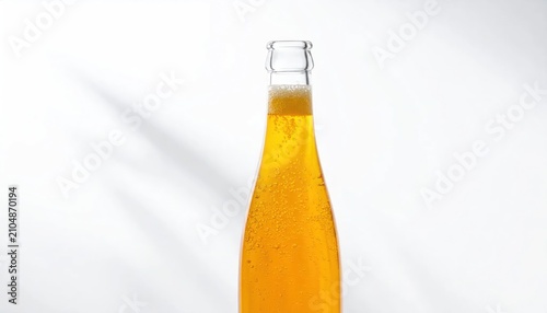 Cold glass bottle of orange soda on white.