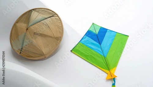 Colorful kite and bamboo steamer on white surface.