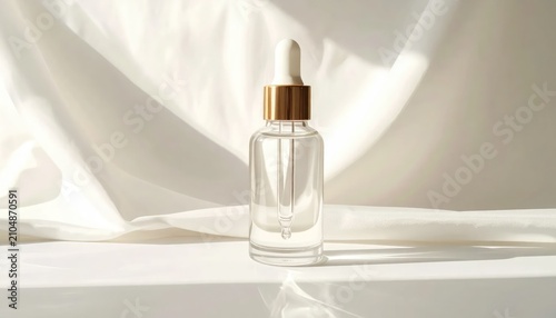 Cosmetic bottle on white fabric with shadow.