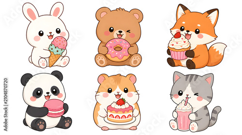 Kawaii Animals Enjoying Sweet Treats: A delightful collection of cute cartoon animals, including a bunny with ice cream, a bear with a donut, a fox with a cupcake, a panda with a macaron.