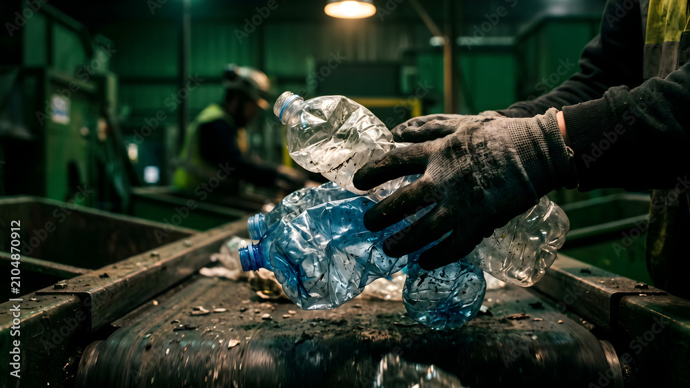 Obraz premium Worker Sorting Plastic Bottles on Conveyor Belt in Recycling Plant