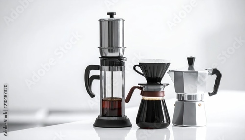 Different manual coffee makers on white background.