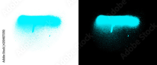 Cyan spray paint stroke with drip on white and black background, vibrant turquoise graffiti splatter, neon blue aerosol paint texture