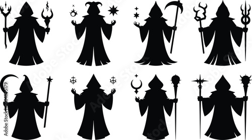 Fotografie Dark fantasy wizard silhouette set holding magical staffs scythe and hood sorcer
