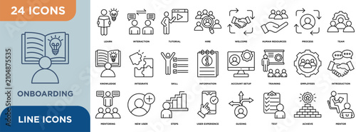 Onboarding  icon set illustrating planning workflow, goal setting, task execution, progress tracking, teamwork, timelines, and strategic business processes for management and corporate projects.	