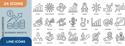 Business growth  icon set illustrating planning workflow, goal setting, task execution, progress tracking, teamwork, timelines, and strategic business processes for management and corporate projects.	