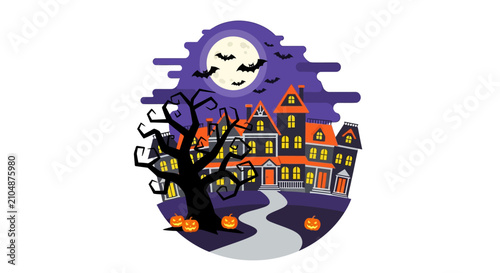 Colorful Halloween haunted house scene.