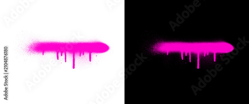 Vibrant pink spray paint drip on white and black backgrounds, neon graffiti splatter with liquid paint droplets, urban street art texture element