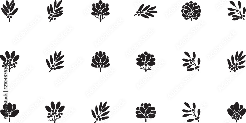 Fototapeta premium Collection Of Black Silhouette Botanical Leaf And Berry Branch