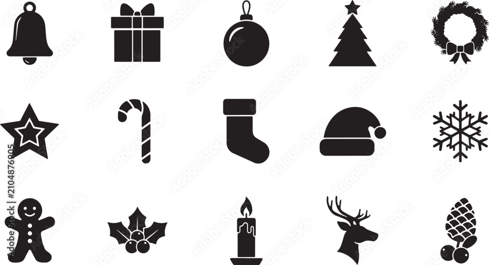 Naklejka premium Collection Of Black Silhouette For Christmas Holiday Symbols And Festive Bell Gift