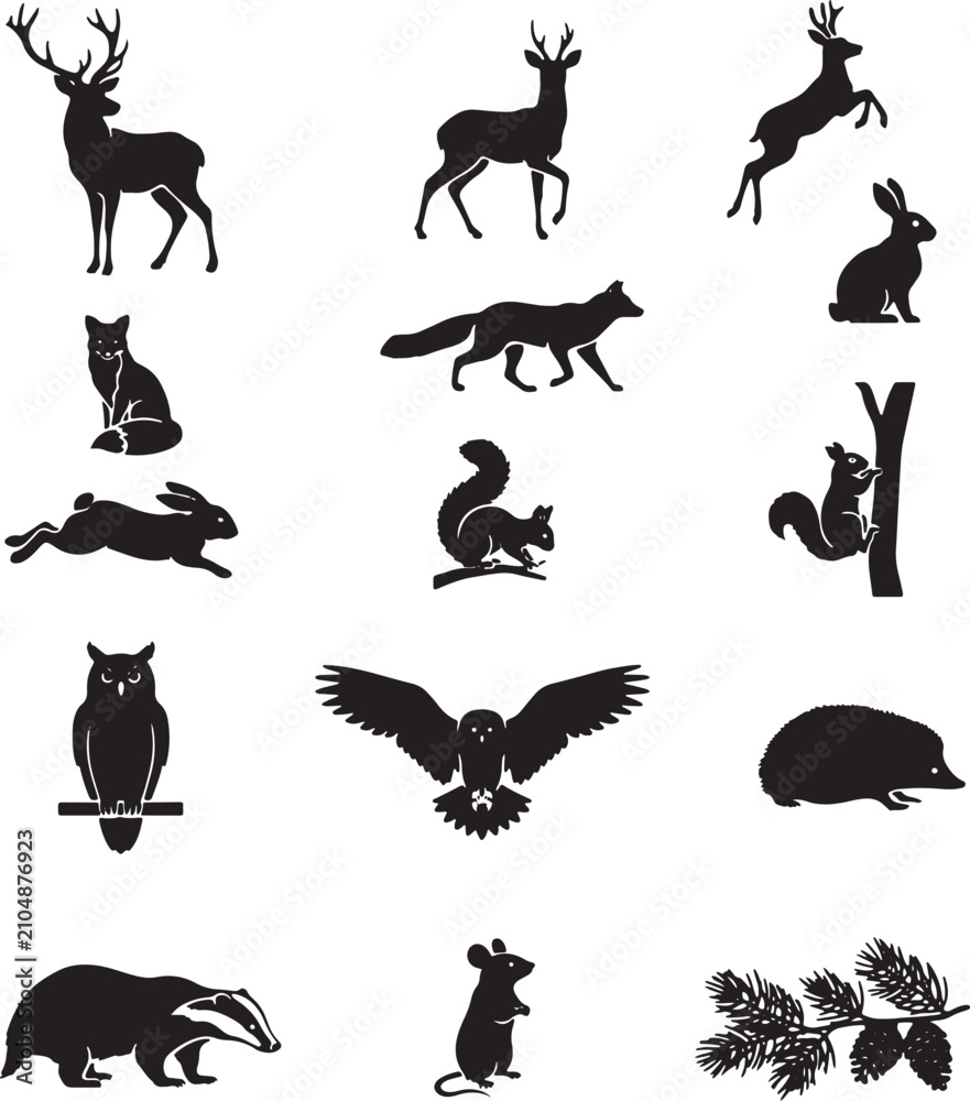 Obraz premium Collection Of Black Silhouette Forest Animals And Pine Branch On White Background Deer