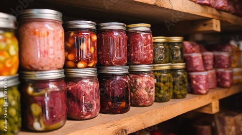 Various jars of preserved foods neatly arranged on rustic wooden shelves
