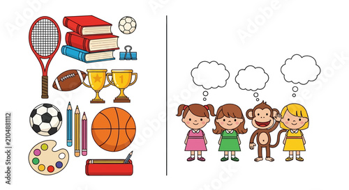 Back to School and Play: Sports, Art, Books, and Kids with Thought Bubbles