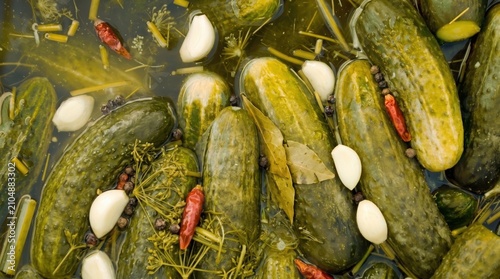 Close-up of homemade pickled gherkins in brine with garlic cloves, dill, and chili peppers
