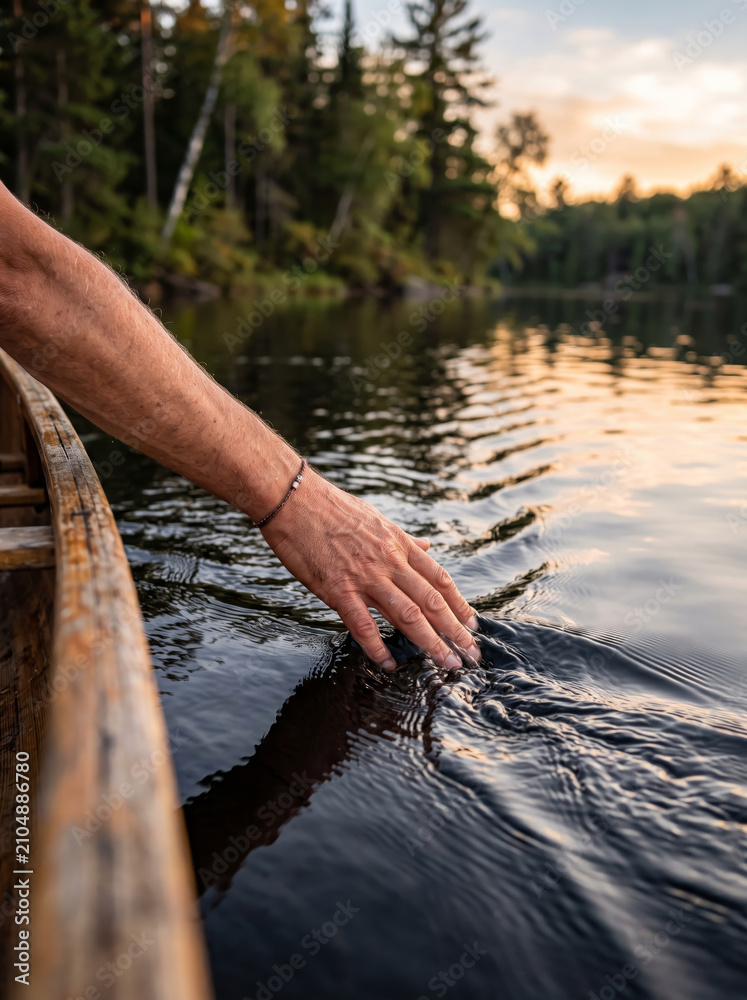 Fototapeta premium Hand Trailing Through Clear Water From Side of Wooden Canoe at Sunset